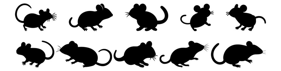 Mouse silhouettes set, pack of vector silhouette design, isolated background