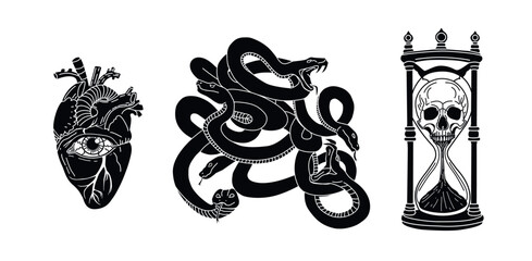 Set of mystical illustrations. Skull and time. Eye in the heart. Tangled snakes. Flat design. Vector graphics. Gothic theme. Mystical logo. Black silhouette. Gothic print