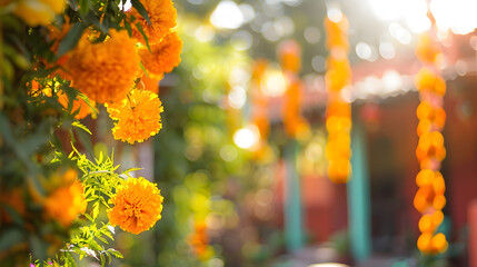 Marigold garlands draping along the house's exterior, Day of the Dead, blurred background