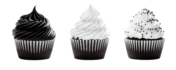Three delicious cupcakes with black, white, and sprinkled frosting. Perfect for bakery promotions, dessert menus, and confectionery advertisements.