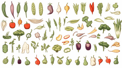 Set d'illustration vectorielle de l&eacute;gumes. L&eacute;gumes verts, l&eacute;gumineuse, crudit&eacute;. Aliments sains, nourriture, frais. Pour conception et cr&eacute;ation graphique. 