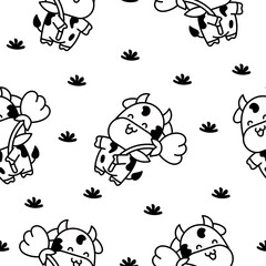 Beautiful cow cartoon character. Seamless pattern. Coloring Page. Cute kawaii farm animal. Hand drawn style. Vector drawing. Design ornaments.