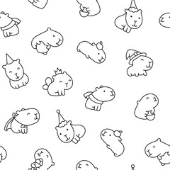 Cute cartoon kawaii capybara. Seamless pattern. Coloring Page. Animal funny characters. Hand drawn style. Vector drawing. Design ornaments.