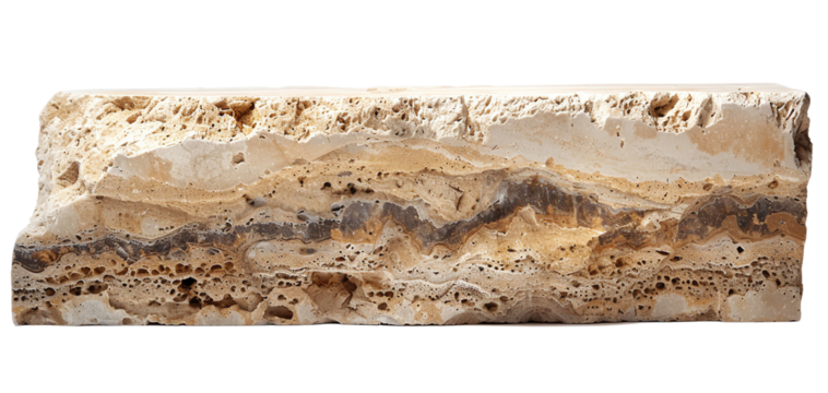 A close-up of a travertine stone tile with natural patterns and textures, perfect for architectural and interior design stock photo use.