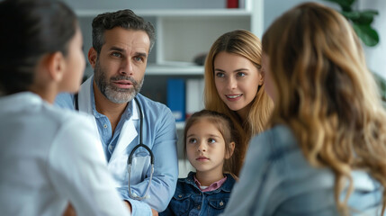Fototapeta premium A family meeting with a genetic counselor, reviewing potential genetic risks a dynamic and dramatic composition, with cope space