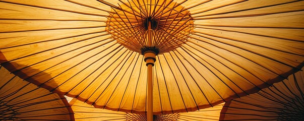 Yellow paper parasol close-up with warm sunlight