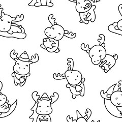 Cute kawaii moose character. Seamless pattern. Coloring Page. Cartoon funny wild animal. Hand drawn style. Vector drawing. Design ornaments.