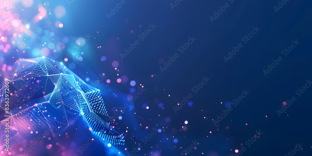 Poster abstract background with a polygonal mesh and glowing dots on a blue gradient, in the style of futur