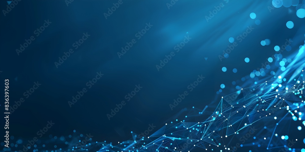 Poster abstract background with a polygonal mesh and glowing dots on a blue gradient, in the style of futur