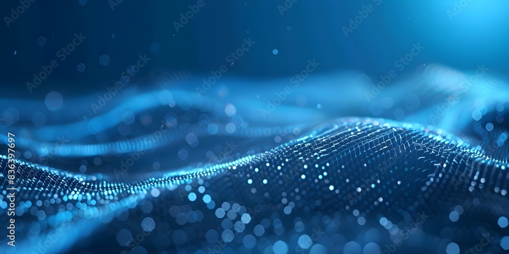 Poster abstract background with a polygonal mesh and glowing dots on a blue gradient, in the style of futur