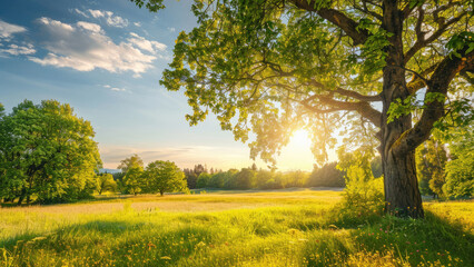 Obraz premium Sunlit Meadow with Large Tree and Lush Green Grass in Serene Countryside