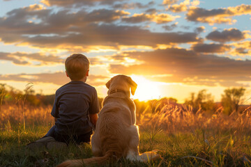 a boy and his dog admiring the brilliant sunset 