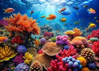 Vibrant coral reef ecosystem with colorful marine life , scuba diving, underwater, sea life, coral, reef, ocean, marine, aquatic, ecosystem, vibrant, colorful, tropical, fish