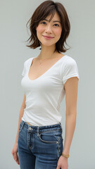 白いTシャツを着ているミドル層の女性