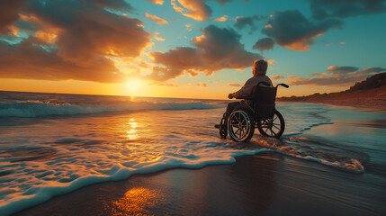 Person in wheelchair on beach at sunset inspirational scene overcoming challenges beautiful coastal view reflection on water serene moment motivational story of strength and hope