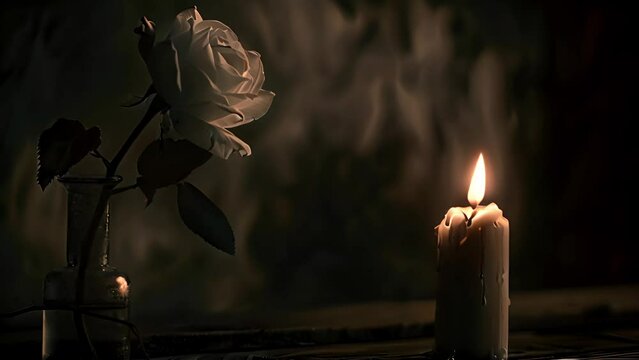 Burning candle with vintage vase and white rose. Burning candles on dark surface. Melted wax candle burning at night. Memory day. Black and white 4k video