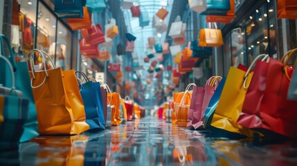 A Row of Colorful Shopping Bags Lined up Next to Each Other on the Floor - Generative AI