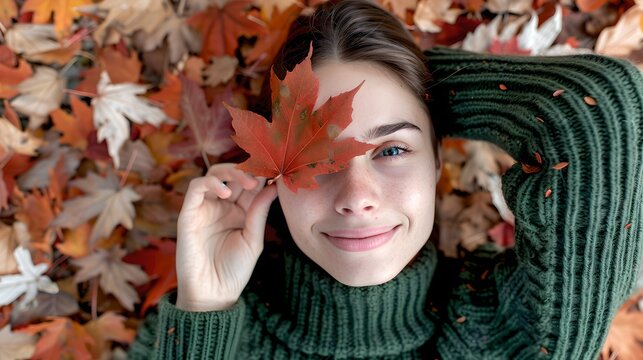 Young woman laying on autumn leaves holding a leaf over her eye. Close-up shot in nature. Relaxed and joyful style. Perfect for autumn-themed projects and ads. AI