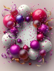 Festive Celebration Background with Colorful Baubles, Ribbons, and Confetti for Parties, Holidays, and Special Occasions