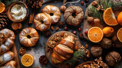 Festive Bagels Croissants Tangerines and Pastries with Walnuts and Hazelnuts in a Holiday themed Setting
