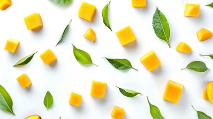 Colorful and vibrant background with mango cubes and green leaves. Bright minimalist food concept. Perfect for kitchen art or healthy lifestyle. The pattern is modern and artistic. AI