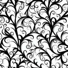 Obraz premium Pattern of swirling vines and leaves, black on white background, vector illustration, flat design, cut-out paper art style, monochrome colour palette, elegant