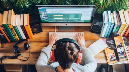 A person learns a new language online, fully immersed with headphones, a computer, and language books.