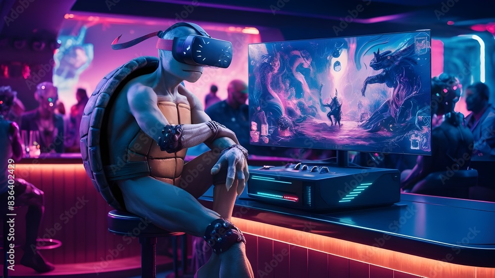 Wall mural A neon-lit scene of a turtle perched on a bar stool, engrossed in a virtual reality game in a cyberpunk style