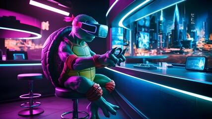 A neon-lit scene of a turtle perched on a bar stool, engrossed in a virtual reality game in a cyberpunk style