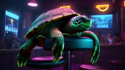 A neon-lit scene of a turtle perched on a bar stool, engrossed in a virtual reality game in a cyberpunk style