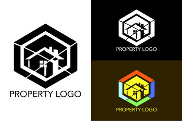 Fototapeta premium prism pattern property logo cut piece real estate agents construction house rental home buy sell vector design silhouette