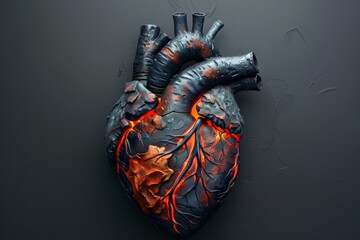 Naklejka premium An anatomical heart wreathed in vibrant flames, partially scorched and blackened, yet still beating defiantly