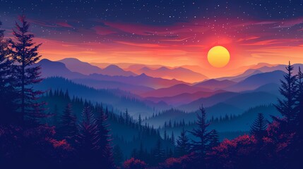 Naklejka premium Beautiful Dusk at Mountains Scenery vector design