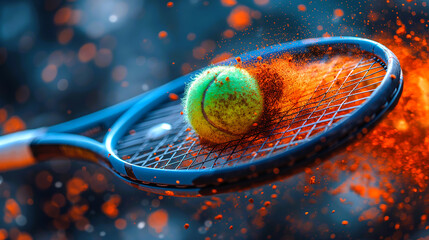 Lime green tennis ball and blue racket floating in the air with the explosion in red colored dust