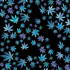 Green, mint, blue cannabis pattern on black background, green leaves Hand drawn watercolor illustration