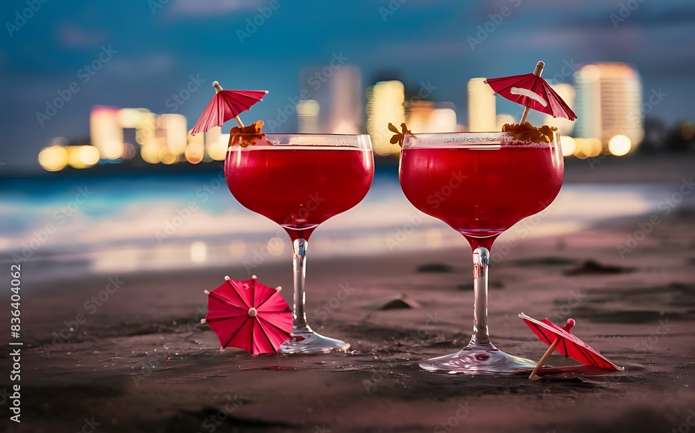 Wall mural two glasses of red cocktail with blur beach and sky on background