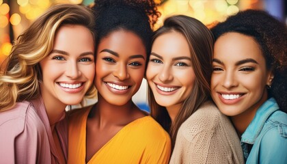 Obraz premium Portrait of four women smiling together cheek to cheek; black, white, hispanic; close up