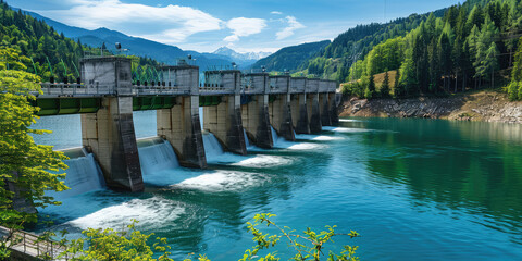 Green eco-friendly technology, water flow in hydroelectric dam generating power in a serene landscape