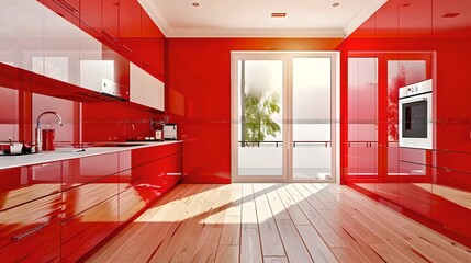 Obraz premium Modern red kitchen with glossy cabinets and wooden floor. Bright sunlight streaming through the large windows. Ideal for contemporary home decor. AI