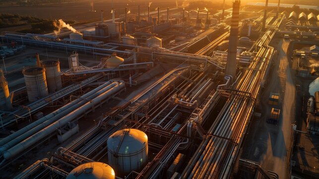 An industrial park with intricate pipes and massive silos takes on a surreal, otherworldly look at sunset.