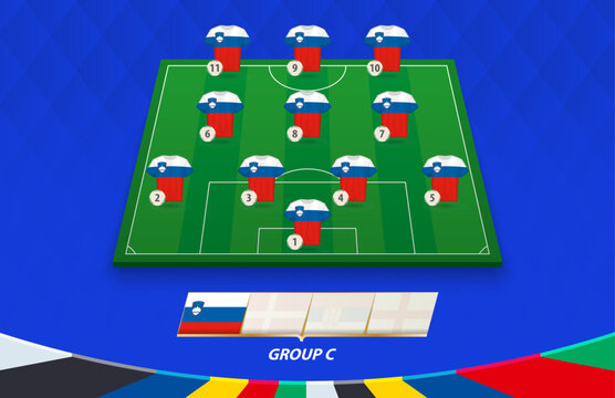 Football field with Slovenia team lineup for European competition.