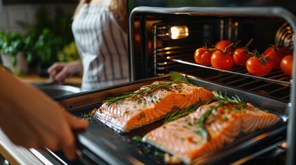 a woman takes salmon out of the oven. selective focus
