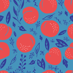 Seamless vector peaches pattern on light blue background