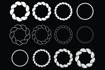 Round rope curve symbol set. Different thickness circular ropes set for decoration. Rope vector. Rope design. 