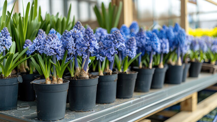 Potted Blue Hyacinths in a Greenhouse Displayed on Metal Shelves

