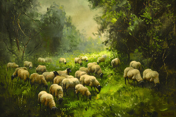 A painting of a herd of sheep grazing in a field