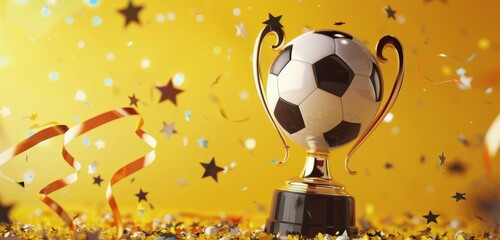 Golden Trophy With Soccer Ball and Confetti