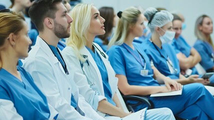 Fototapeta premium Medical professionals attentively listening during a medical conference, showcasing collaboration and learning in the healthcare field.
