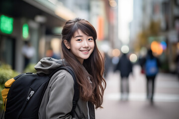 Teen pretty Japanese girl at outdoors with a student backpack