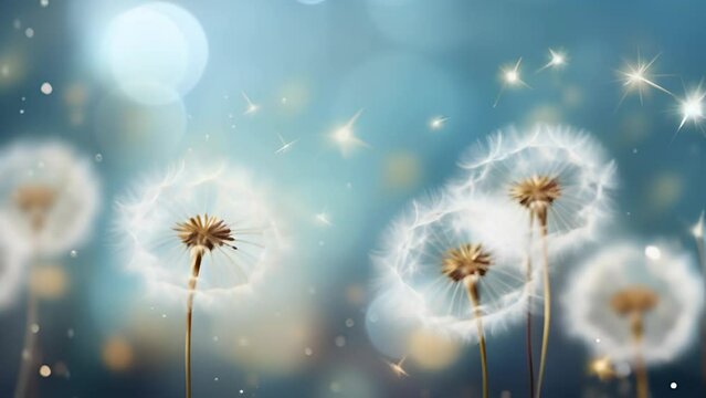 dandelion, flying parachutes against the background of blue sky and sunlight.
Concept: nature, spring, lightness, freedom, naturalness, new beginning, inspiration, seasonal changes, beauty of nature, 